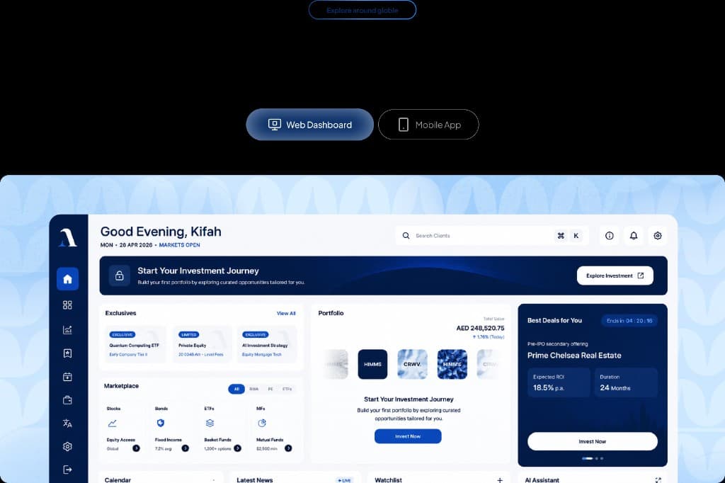 Aldar web dashboard greeting and investment banner