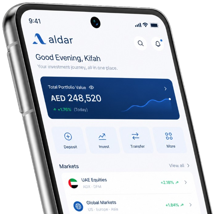 Aldar app showing total portfolio value of AED 248,520