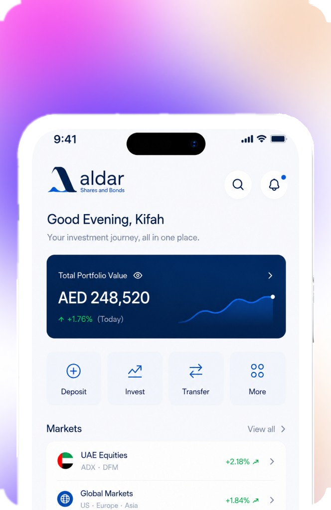 Aldar app home with total portfolio value of AED 248,520