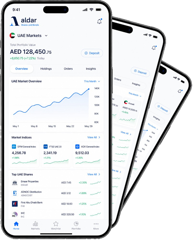 Aldar mobile app on UAE markets, showing portfolio value, charts and top shares